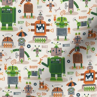 Small scale // Friendly robots // beige background gold drop orange la palma green limerick green warm grey and brown taupe machine toys ivory shadows