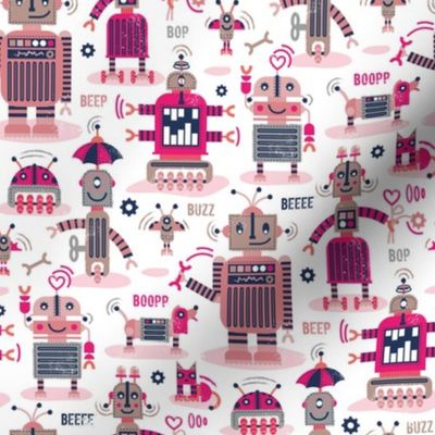 Small scale // Friendly robots // nile blue background fuchsia pink carissma pink coral and brown taupe machine toys pastel pink shadows