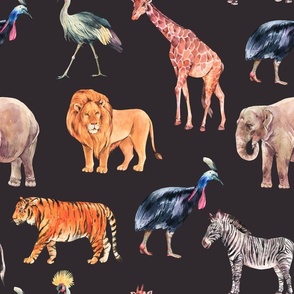 Watercolor safari animals on black