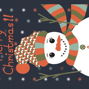 Cozy Christmas Snowman - Christmas Tea Towel, Christmas Wall Hanging, Christmas fabric in crimson and sage green