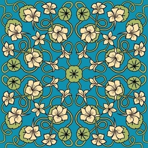 Art nouveau nasturtiums pale yellow on teal