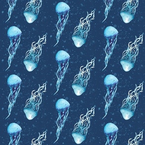 Jellyfish watercolor on navy blue with bubbles