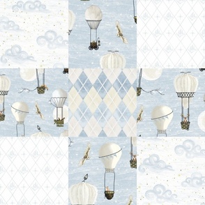 patchwork cheater quilt hot air balloons in baby blue