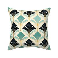 gold,teal,black,silver,Art Deco,Geometric patterns,Bold contrast,Contemporary elegance,Minimalist design,Sleek aesthetics,Clean lines,Abstract motifs,Graphic elements,Striking visual impact,Monochromatic beauty,Dynamic compositions,Visual rhythm,Edgy ,sop