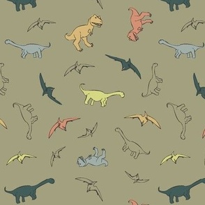 Dinosaur Obsession, Olive Green Background, Hand-Drawn