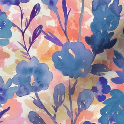 Summer Flower Field Watercolors  - Blue and Navy  Flowers on Coral and Yellow Background