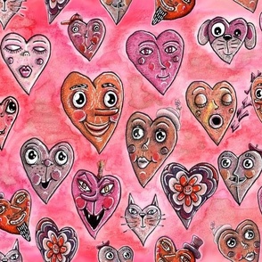 cute quirky heart faces in red pink orange mauve raspberry berry, medium large scale, monochromatic