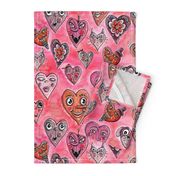 cute quirky heart faces in red orange pink mauve raspberry berry, jumbo large scale, monochromatic