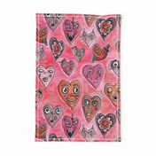 cute quirky heart faces in red orange pink mauve raspberry berry, jumbo large scale, monochromatic