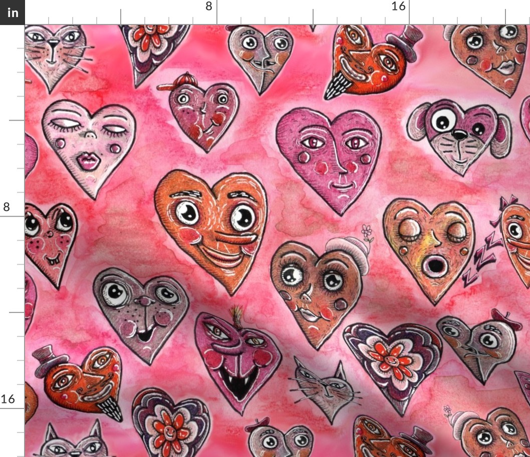 cute quirky heart faces in red orange pink mauve raspberry berry, jumbo large scale, monochromatic