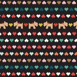 Wheaten Terrier Christmas Sweater Pattern with black background and colorful hearts