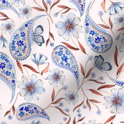 Blue Boho floral  Watercolor Paisley