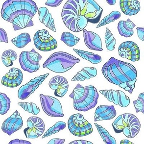 Exotic Shells-Tossed Allover-watercolor, cool, multicolors, blue, turquoise, lavender, lime, white