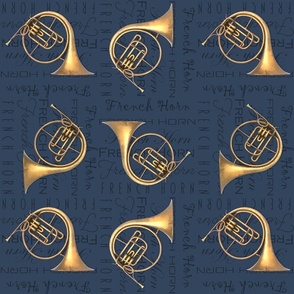 French horn , words, text, navy blue  background