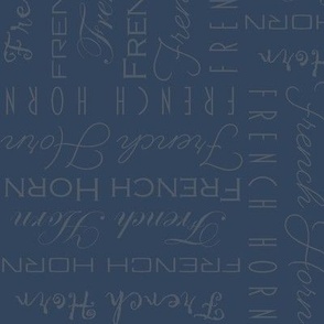 French horn , words, text, navy blue  background