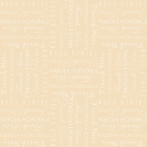 French horn  words, text, tan background