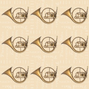 French horn  with words, text, tan background