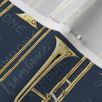 Trombone  with words, text, blue background