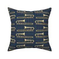 Trombone  with words, text, blue background