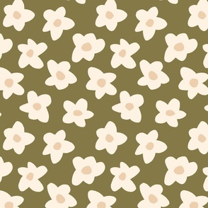 2.5in // Graphic retro Flowers Boho Cream on Moss Green