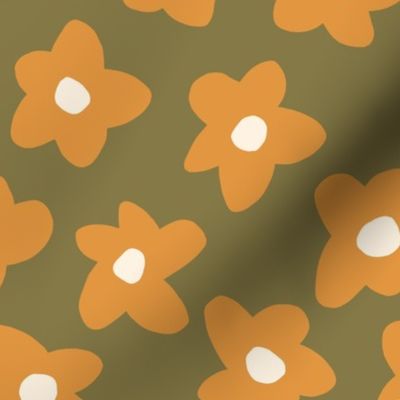 2.5in // Graphic retro Flowers Butterscotch yellow on Moss Green-32