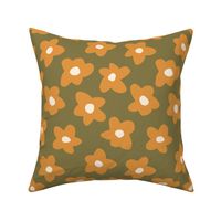 2.5in // Graphic retro Flowers Butterscotch yellow on Moss Green-32