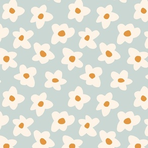 2.5in // Graphic retro Flowers Cream on Light Blue