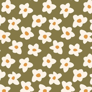 2.5in // Graphic retro Flowers Cream on Moss green