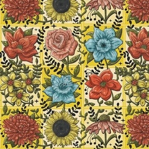 Check and Retro Flowers  on Yellow / Small Scale