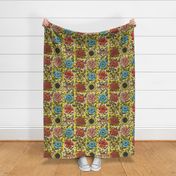 Check and Retro Flowers  on Yellow / Large Scale