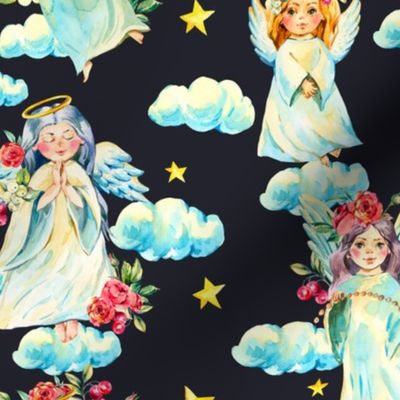Watercolor cute angels, clouds and stars on black