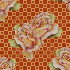 WNTQ - Watercolor Rose Duet on Earthy Contemporary Checks