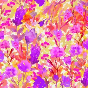 Climbing Meadow Flower in Watercolor - Purple and Magenta  Flowers on Orange Red Background