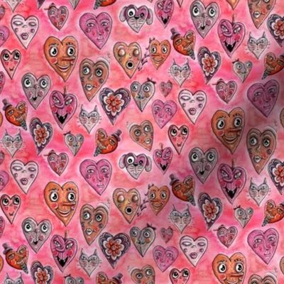 cute quirky heart faces in red pink orange mauve raspberry berry, small scale, ditsy monochromatic