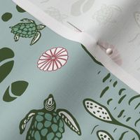 Festive Sea turtles - green and red on seafoam