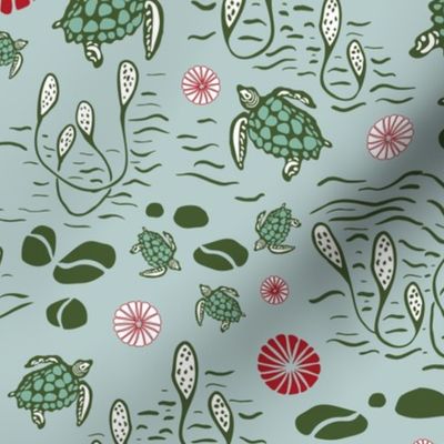 Festive Sea turtles - green and red on seafoam