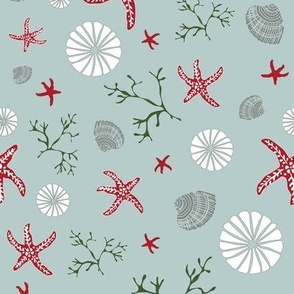 Festive starfish and Shells underwater - white, red, gray & green on turquoise