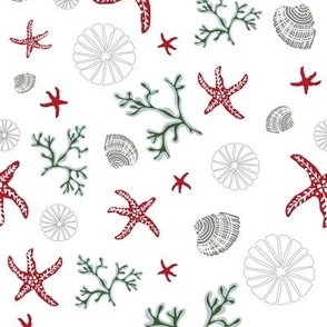 Festive starfish and Shells - red, green and grey