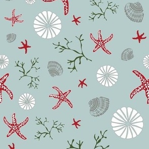 (large) Festive starfish and Shells underwater - white, red, gray & green on turquoise