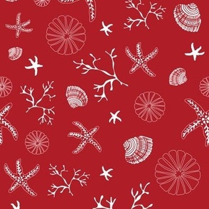 Festive starfish and shells white on red