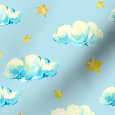 Watercolor cute clouds and stars on blue