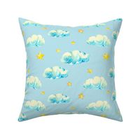 Watercolor cute clouds and stars on blue