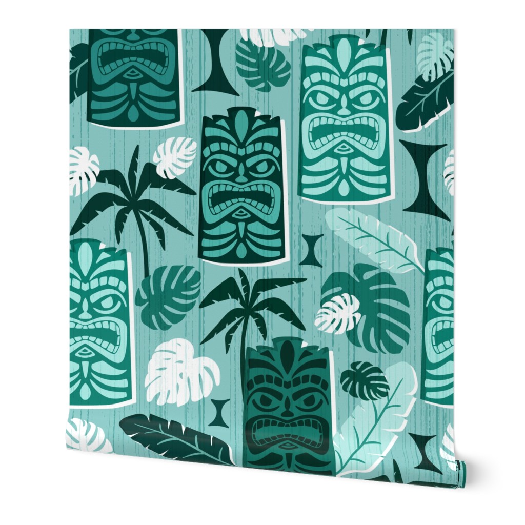 Tiki Time - Mid Century Modern Monochromatic Aqua Large Scale