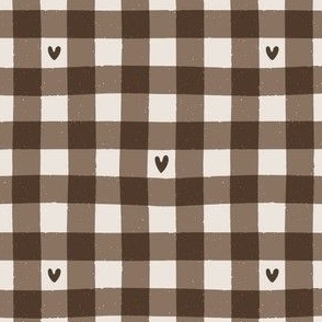 Cottagecore Gingham with Hearts | Valentine's Day Check in Moody Brown