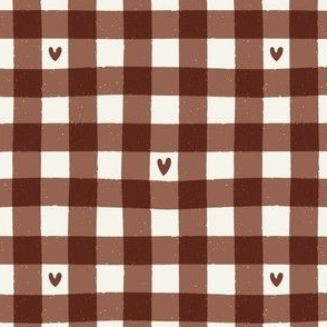 Cottage core Gingham with Hearts | Valentine's Day Check in Rich Warm Brown