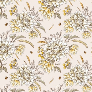 Vintage neutral chrysanthemum flowers on beige