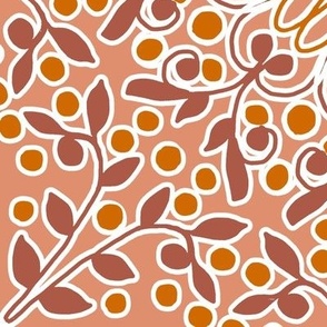Kaleidoscope Vine with Orange Berries Brown Leaves and Peach Background