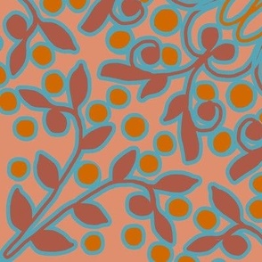 Kaleidoscope Vine with Orange Berries Turquoise Outlines on Peach