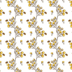 Hand drawn rustic yellow wildflowers and bee on white