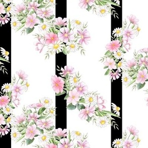 Pink Wildflower Floral on Black Stripes